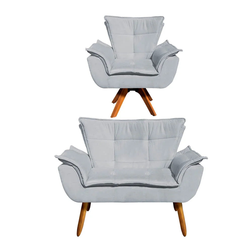 Kit Namoradeira 2 Lugares e 1 Poltrona Decorativa Giratória Madeira Opla Suede Cinza - Ibiza