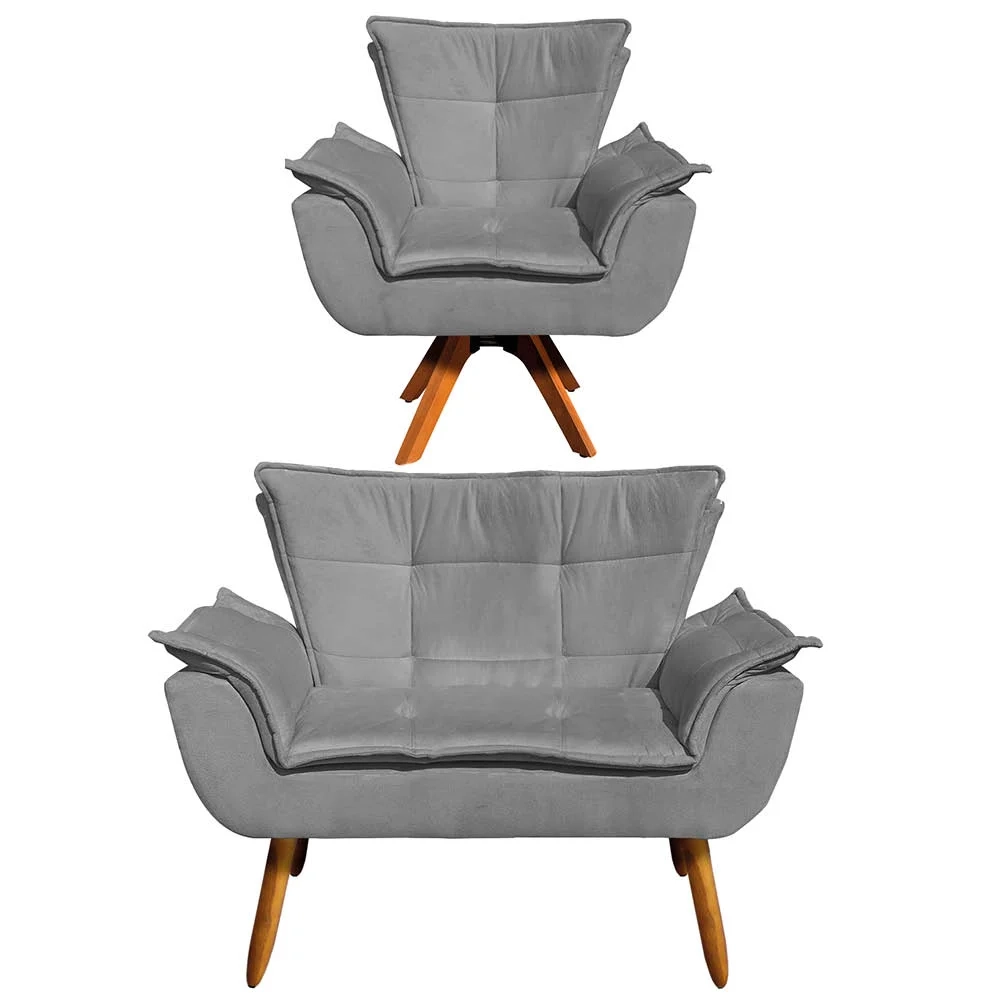 Kit Namoradeira 2 Lugares e 1 Poltrona Decorativa Giratória Madeira Opla Suede Grafite - Ibiza