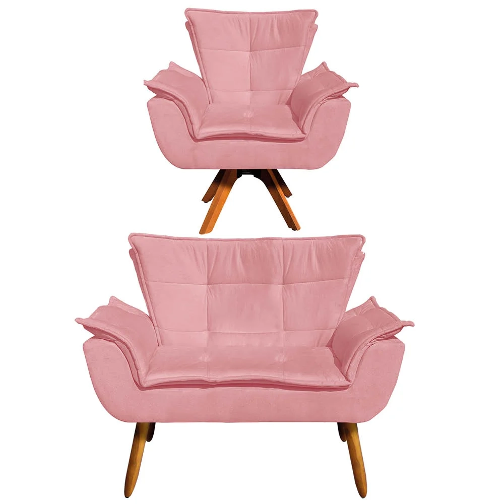 Kit Namoradeira 2 Lugares e 1 Poltrona Decorativa Giratória Madeira Opla Suede Rose - Ibiza
