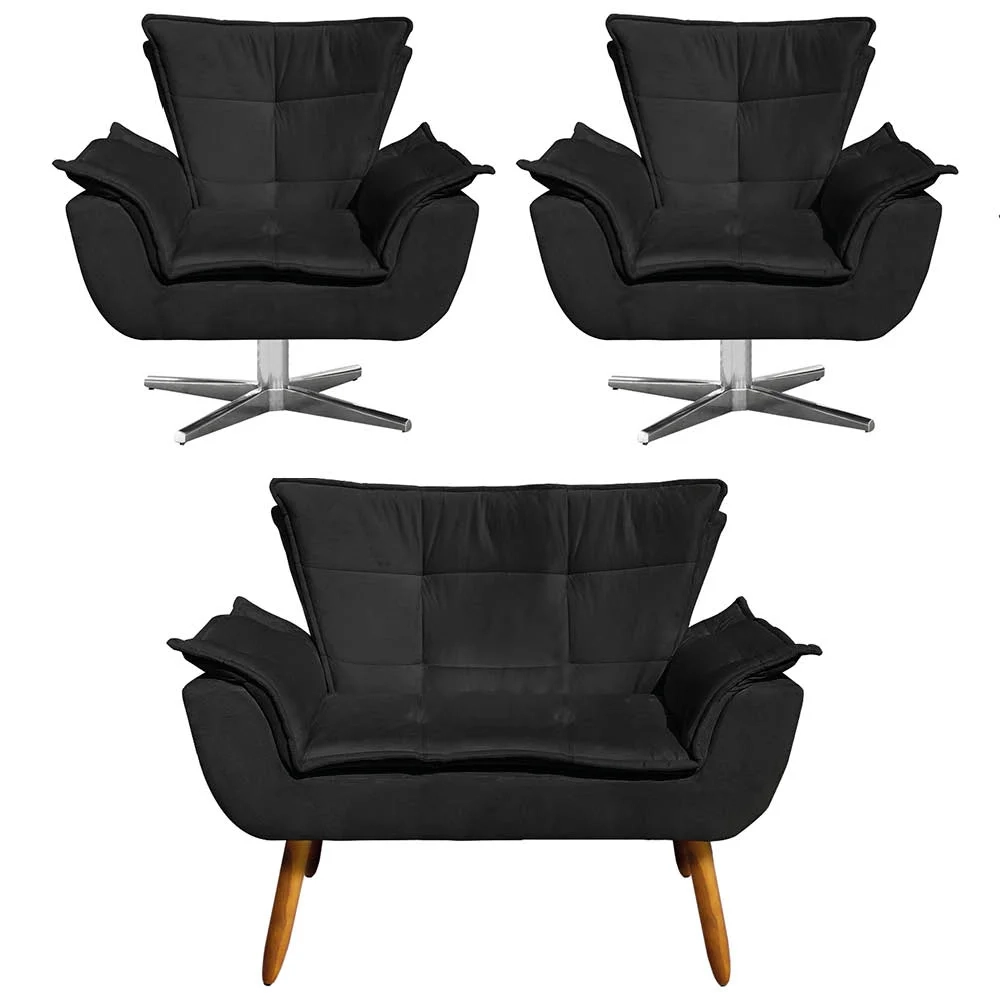 Kit Namoradeira e 2 Poltronas Giratórias Cromada Opla Suede Preto - Ibiza