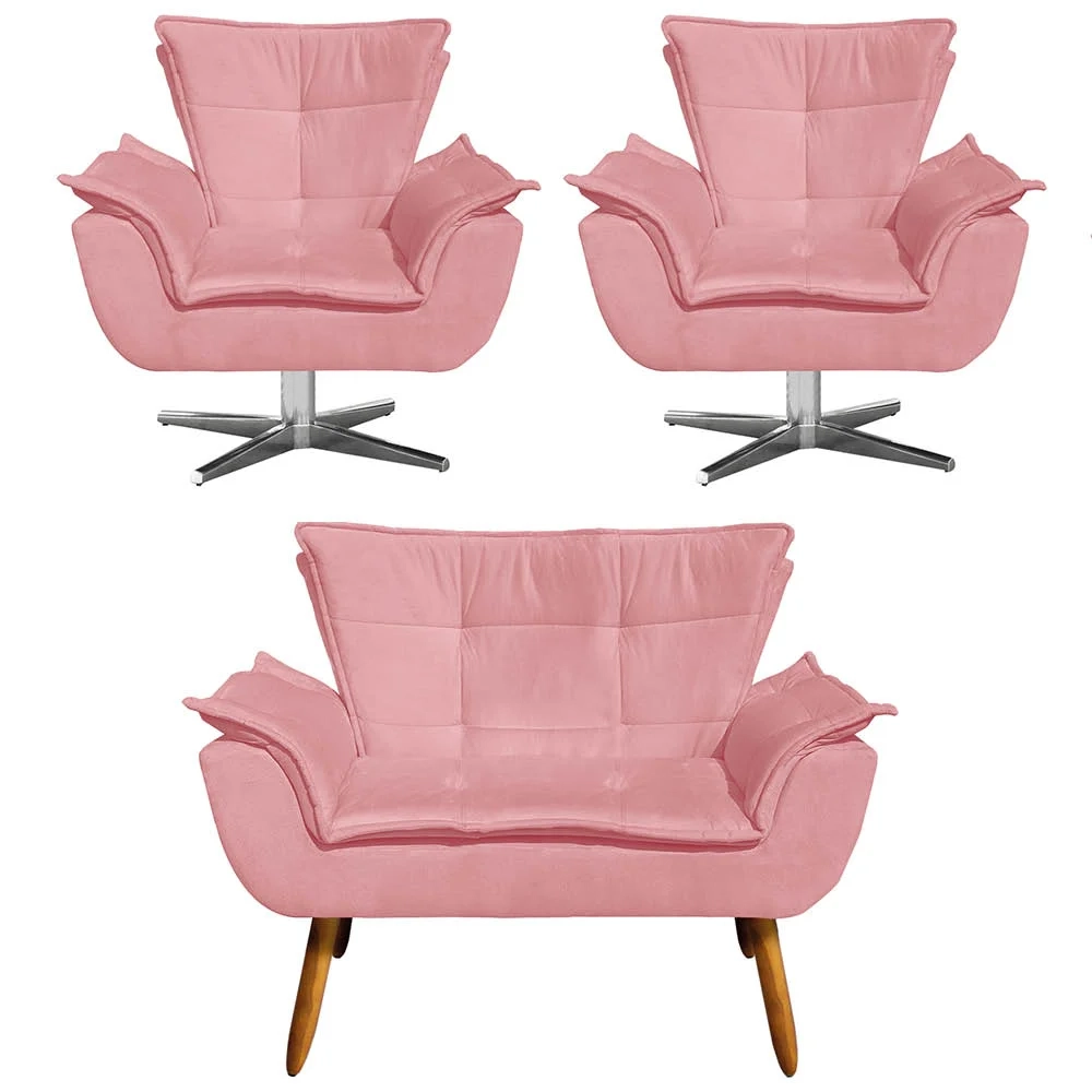 Kit Namoradeira e 2 Poltronas Giratórias Cromada Opla Suede Rose - Ibiza