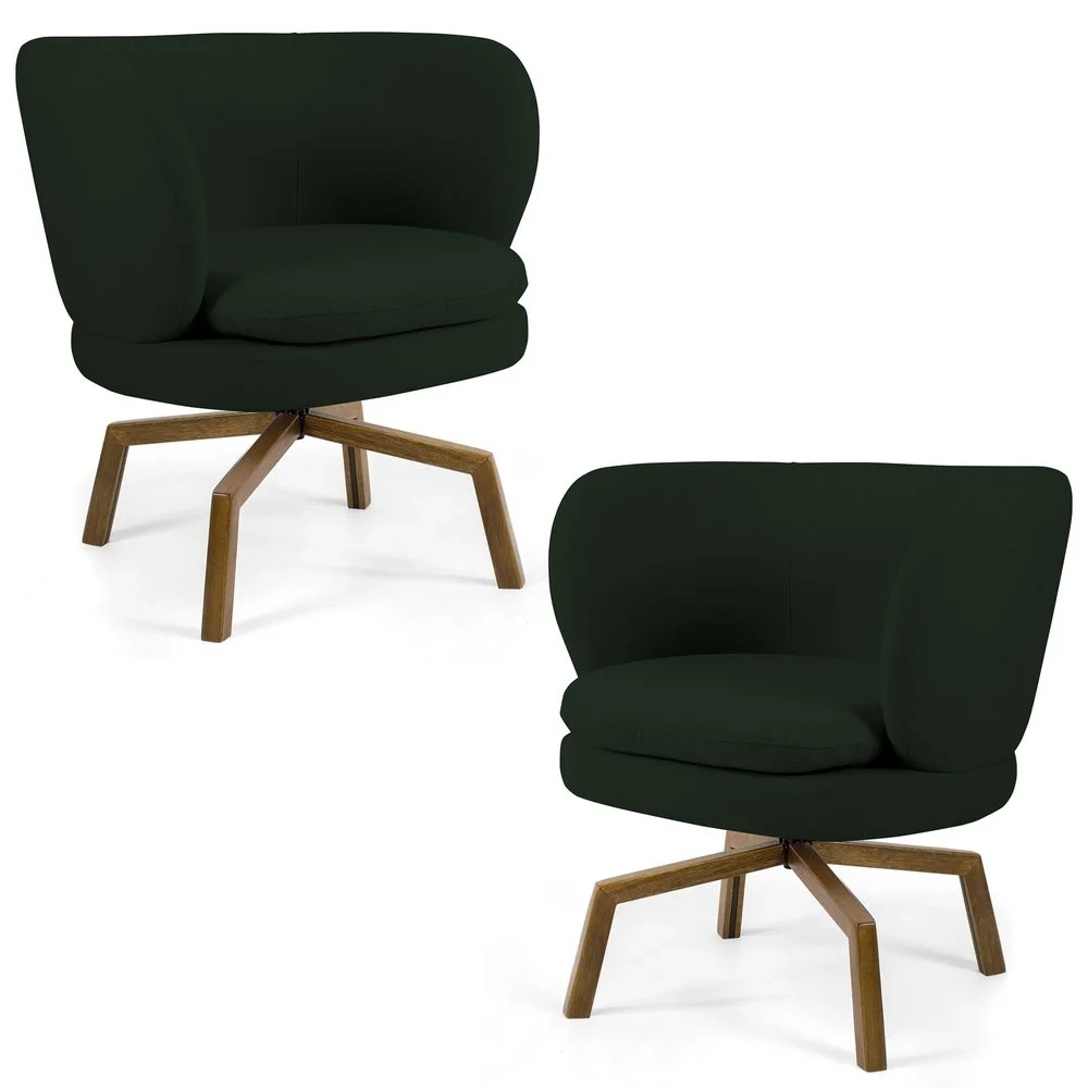 Kit 2 Poltronas Decorativas Melissa Base Ka Giratória Castanho Veludo C-303 Verde Musgo - Domi