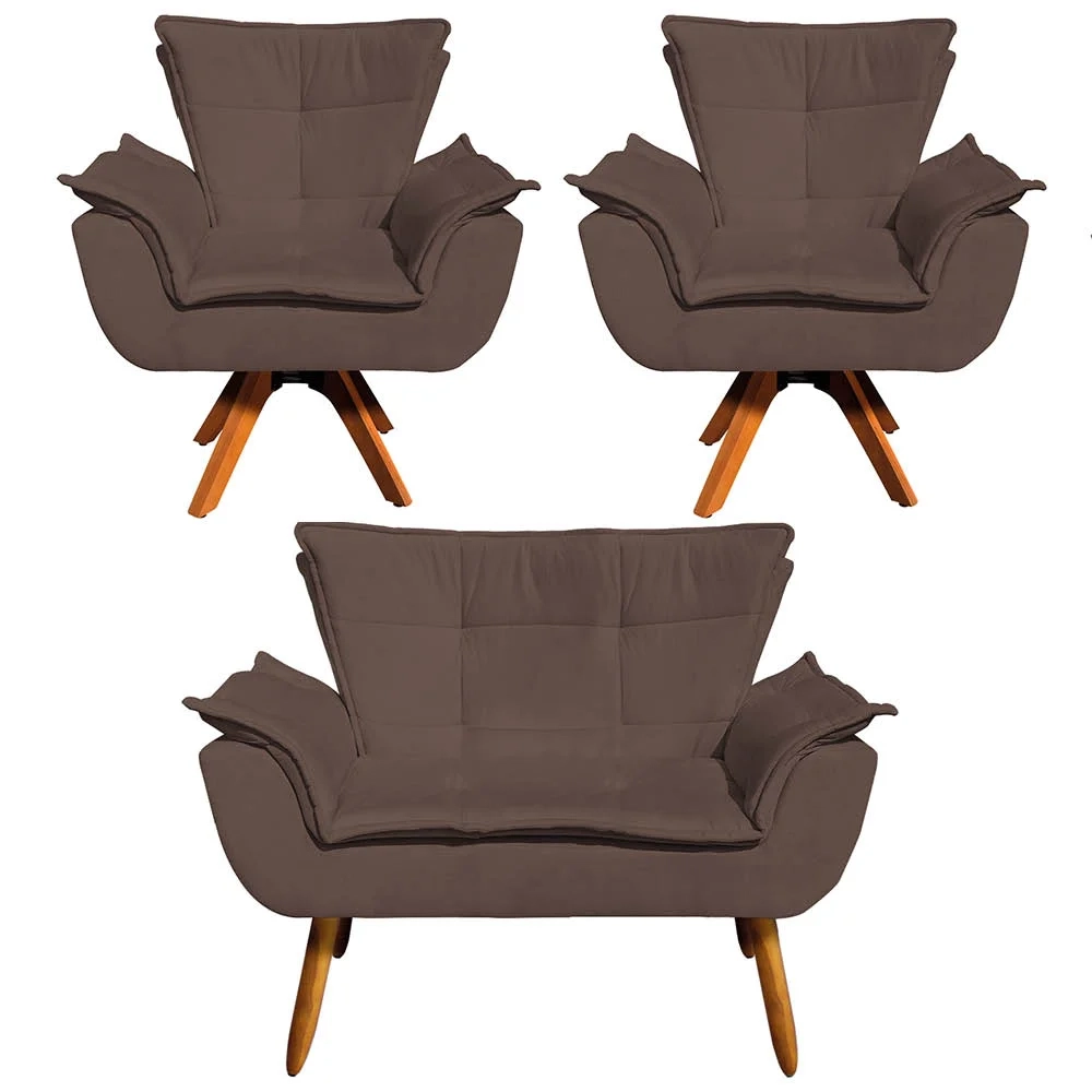 Kit Namoradeira e 2 Poltronas Base Giratória Madeira Opla Suede Marrom - Ibiza