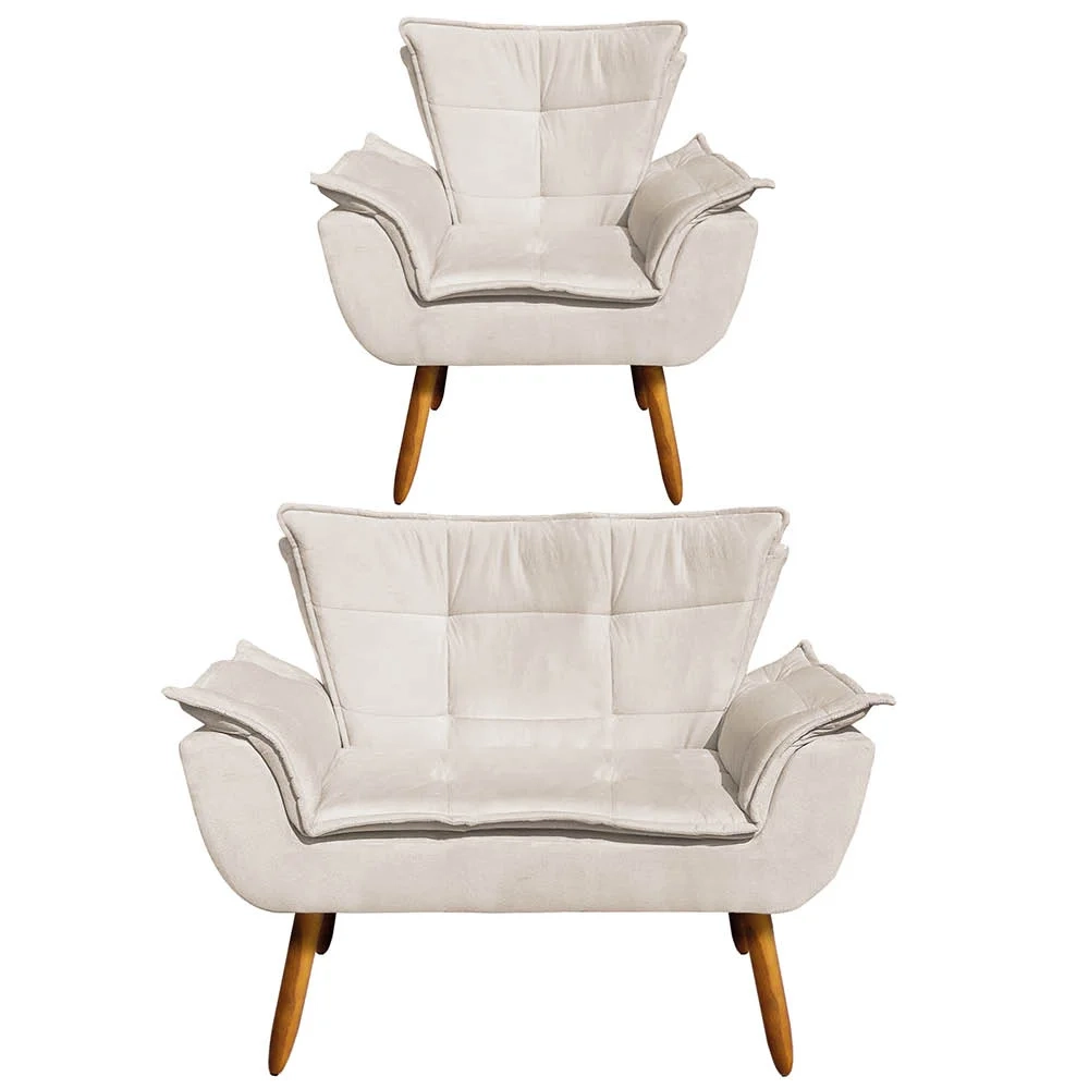 Kit Namoradeira 2 Lugares e 1 Poltrona Decorativa Pés Palito Opla Suede Bege - Ibiza