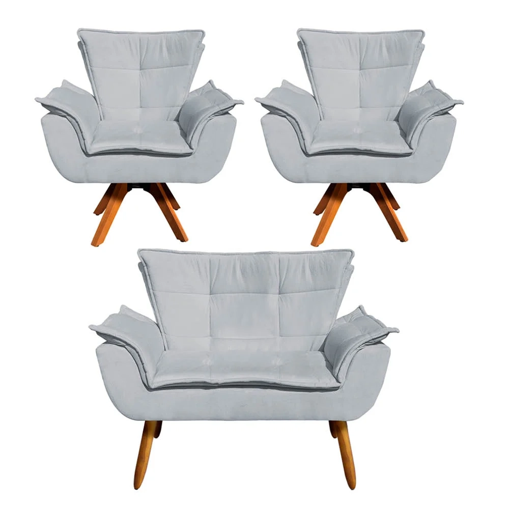 Kit Namoradeira e 2 Poltronas Base Giratória Madeira Opla Suede Cinza - Ibiza