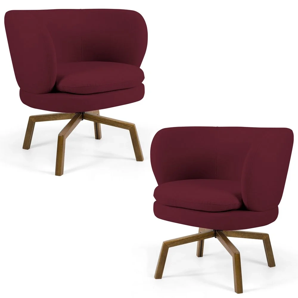 Kit 2 Poltronas Decorativas Melissa Base Ka Giratória Castanho Veludo C-278 Marsala - Domi