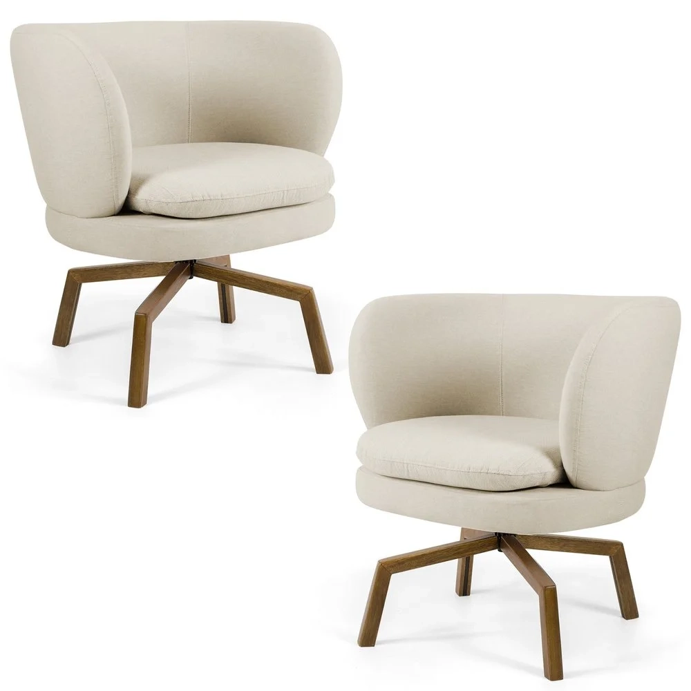 Kit 02 Poltronas Decorativas Melissa Base Ka Giratória Castanho C-107 Linho Bege - Domi