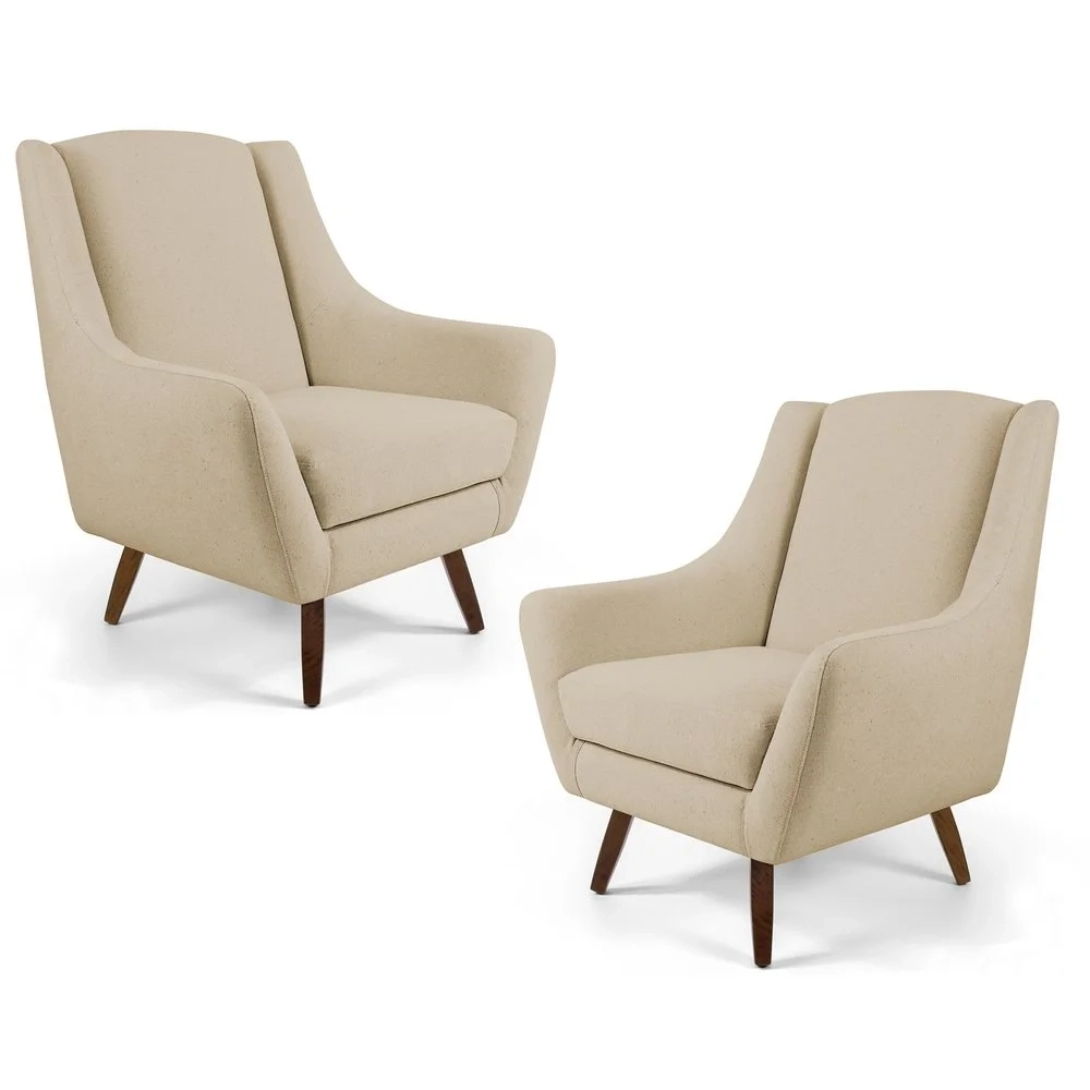 Kit 02 Poltronas Decorativas Juliet Pés de Madeira C-129 Linho Bege Escuro - Domi