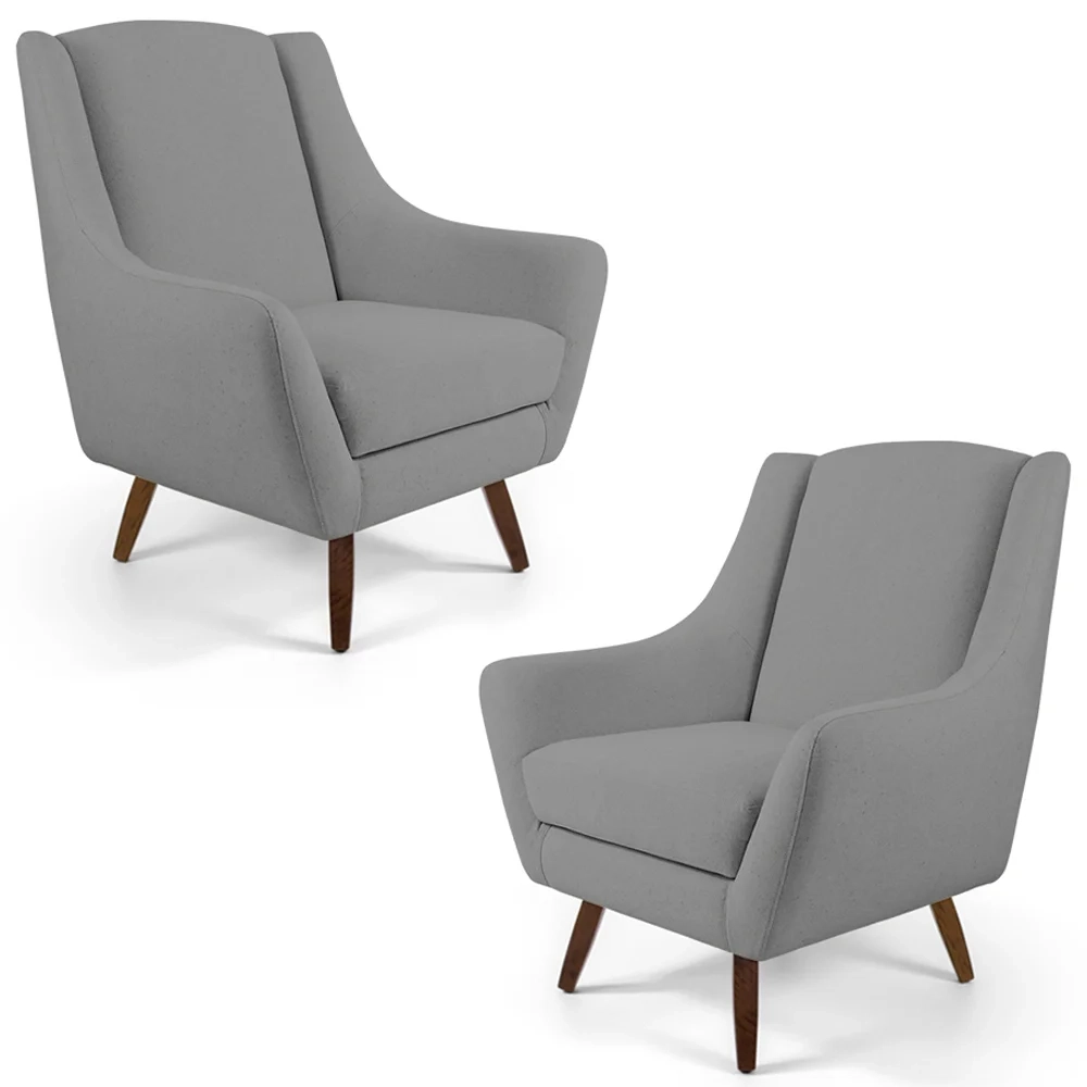 Kit 02 Poltronas Decorativas Juliet Pés de Madeira C-416 Linho Cinza Escuro - Domi
