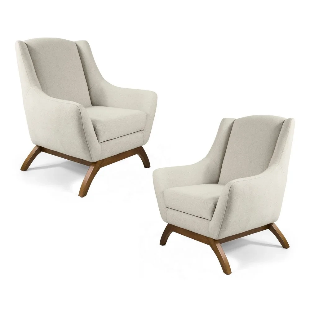 Kit 02 Poltronas Decorativas Juliet Base de Madeira B-370 Linho Bege Cru - Domi