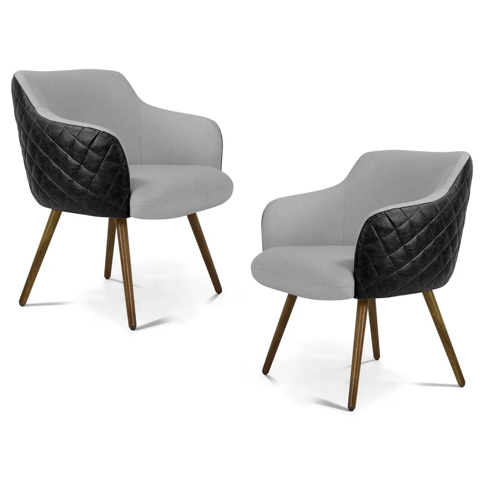 Kit 2 Poltronas Decorativas Pés Palito Madeira Jade Corano C-05 Linho D-315 Cinza Claro - Domi