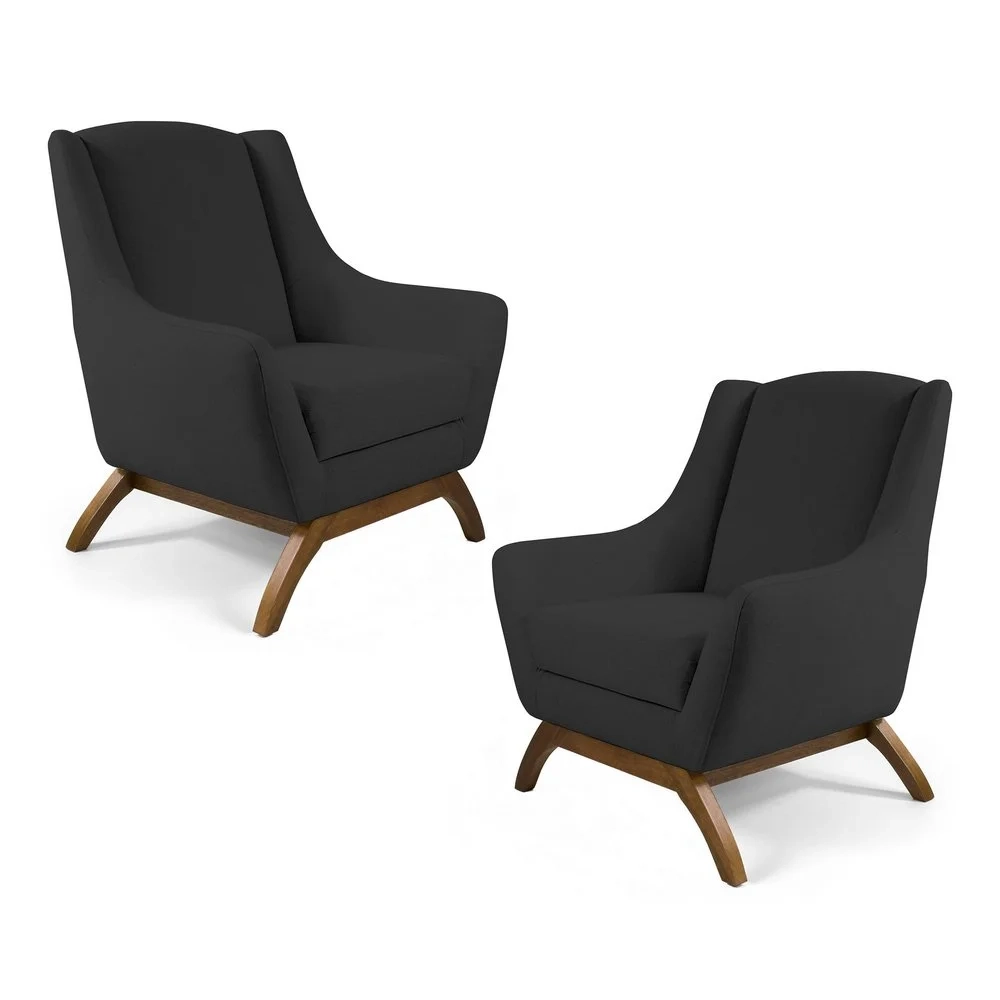 Kit 2 Poltronas Decorativas Base de Madeira Juliet Linho D-465 Chumbo - Domi