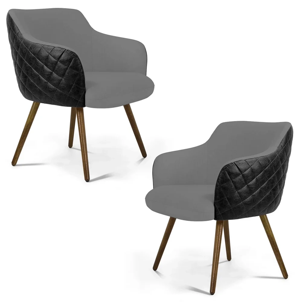 Kit 02 Poltronas Decorativas Jade Pés Palito Madeira C-416 Corano Tressê Linho Cinza Escuro - Domi