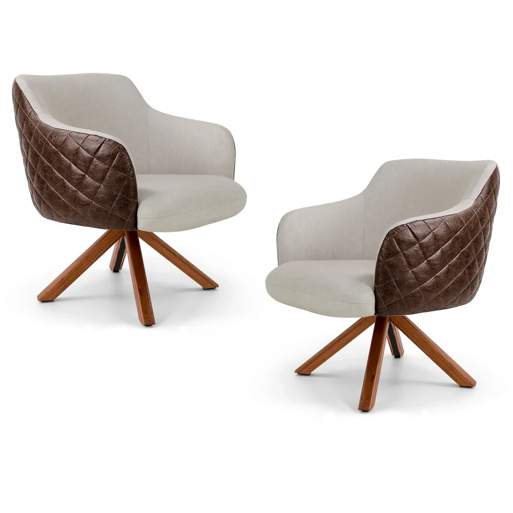 Kit 02 Poltronas Decorativas Jade Base Giromad Corano B-10 Tressê Linho Bege - Domi