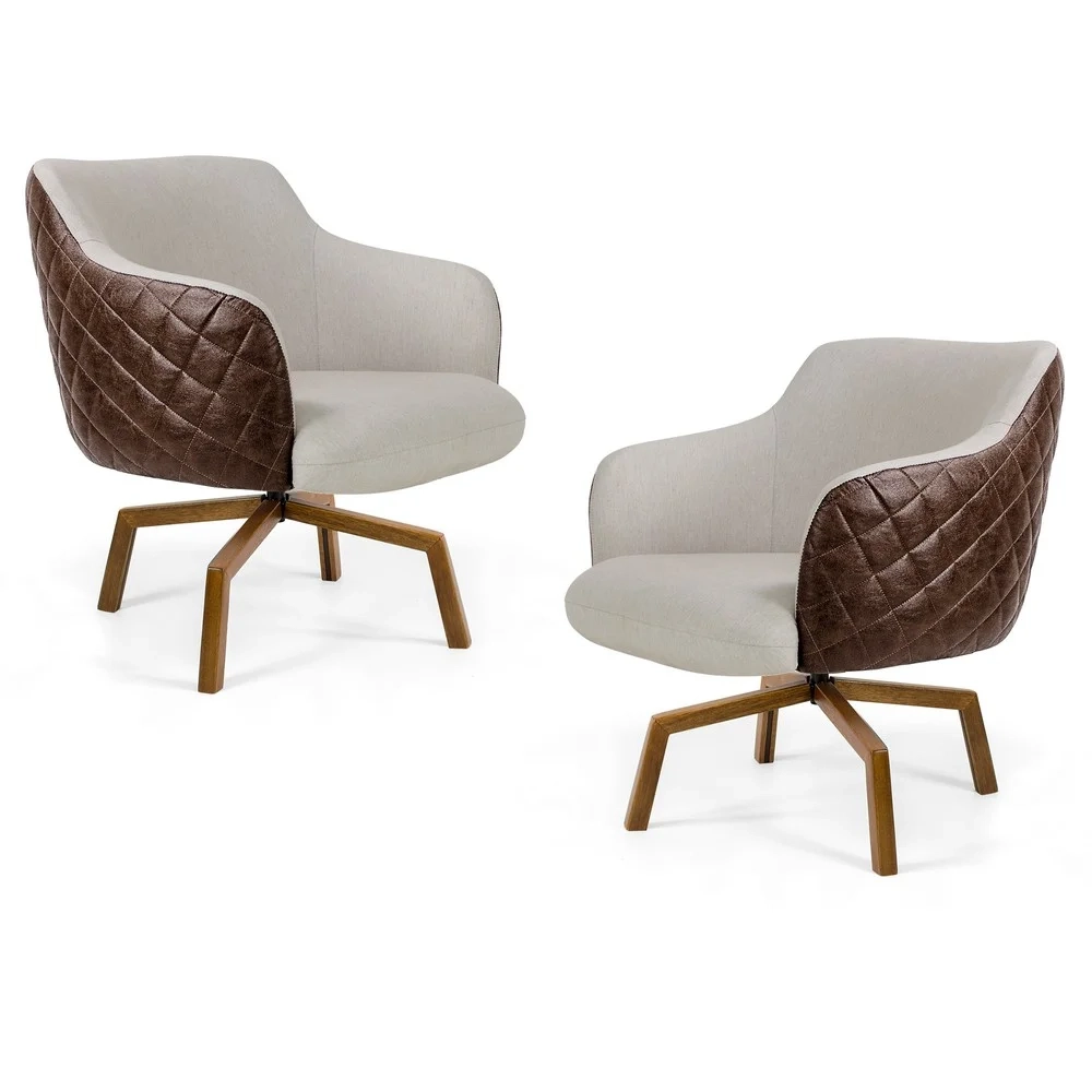 Kit 02 Poltronas Decorativas Jade Base Ka Giratória Corano B-10 Tressê Linho Bege - Domi