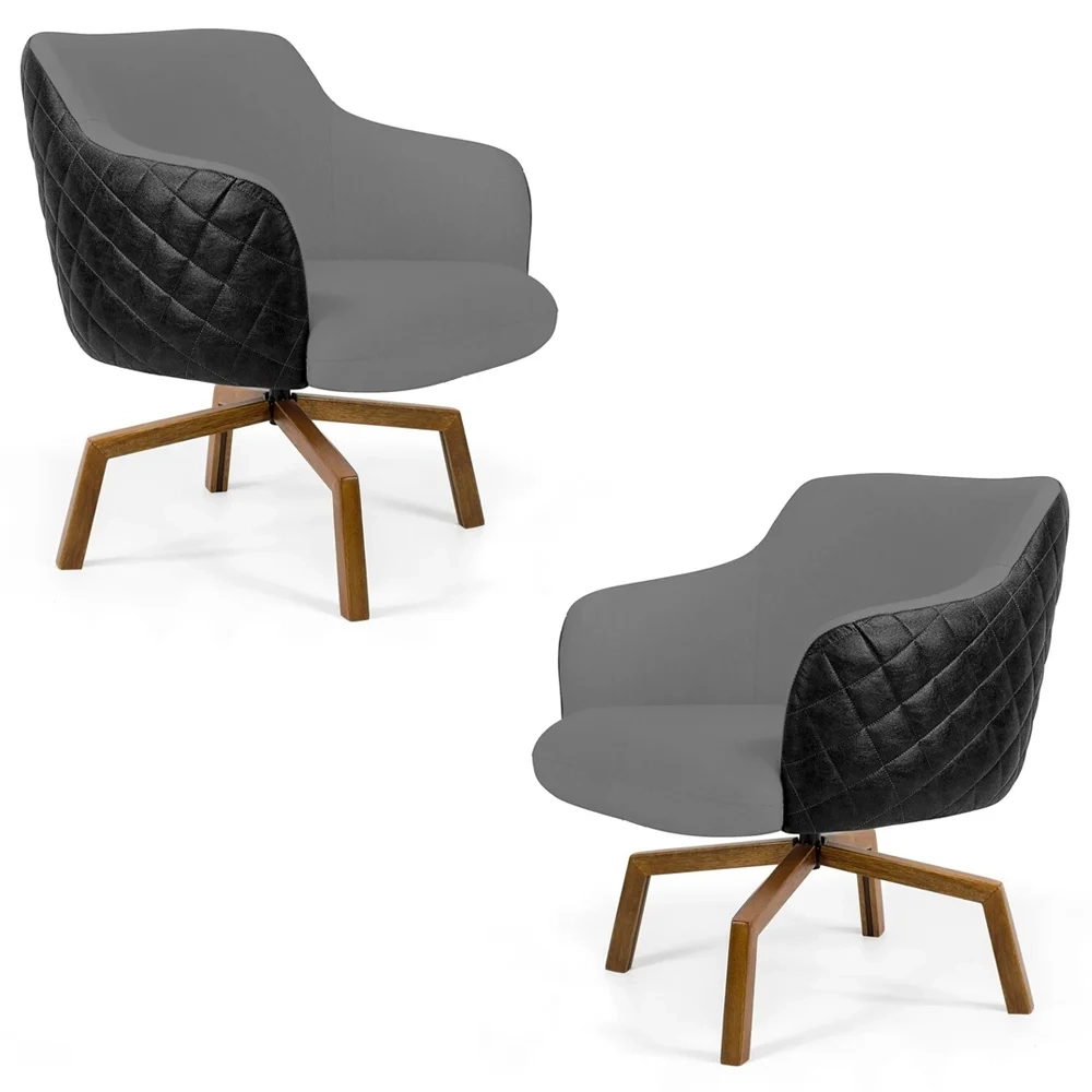 Kit 02 Poltronas Decorativas Jade Base Ka Giratória C-416 Corano Tressê Linho Cinza Escuro - Domi