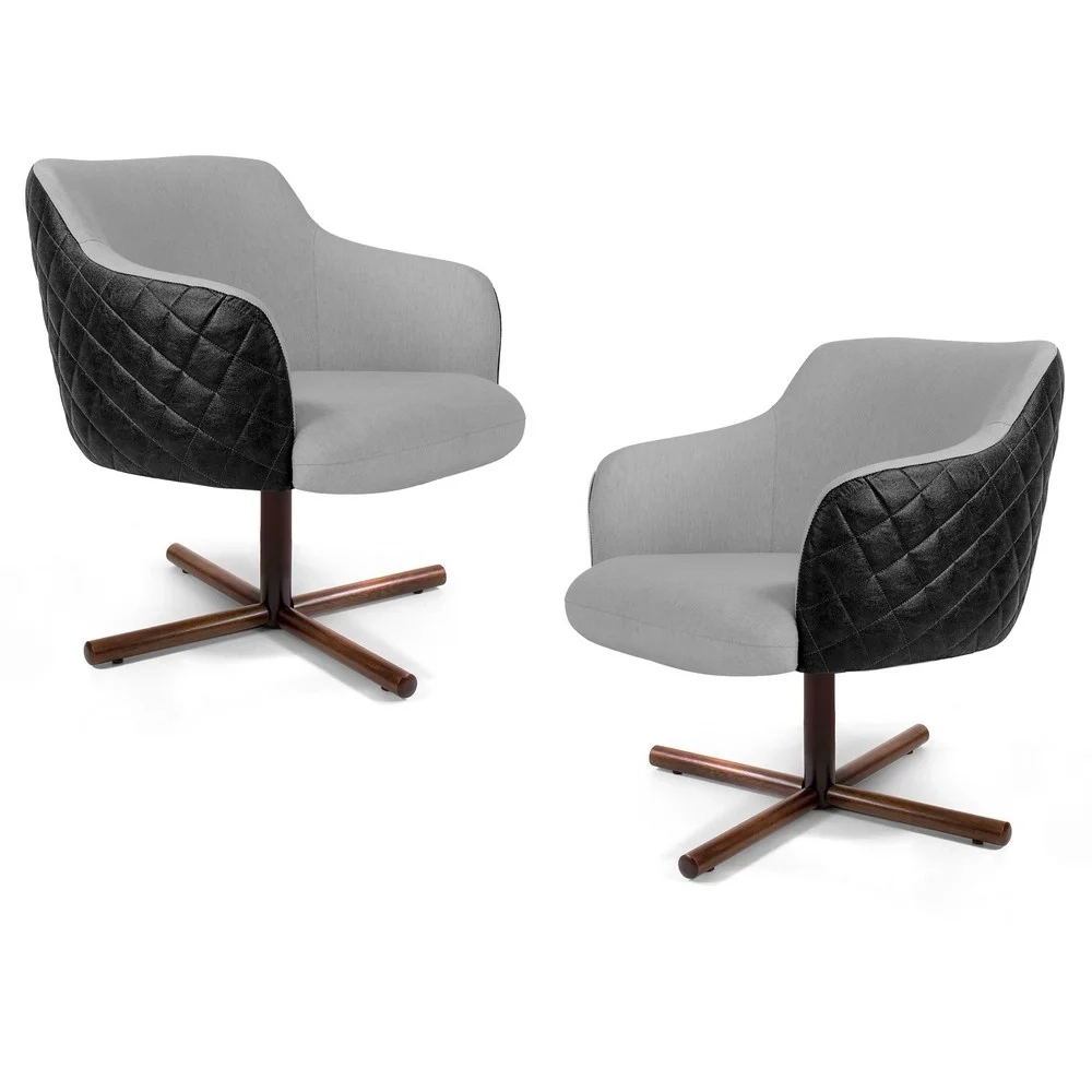 Kit 2 Poltronas Decorativas Base Giratória Xis Jade Corano C-05 Linho D-315 Cinza Claro - Domi