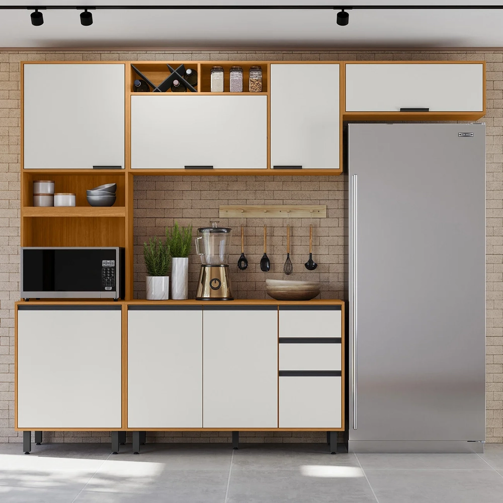 Armário de Cozinha CP02 260cm Nala Freijó UV/Off Acetinado Z44 - Mpozenato