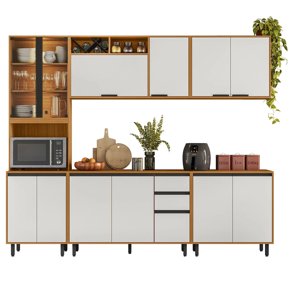 Armário de Cozinha CP03 260cm Nala Freijó UV/Off Acetinado Z44 - Mpozenato