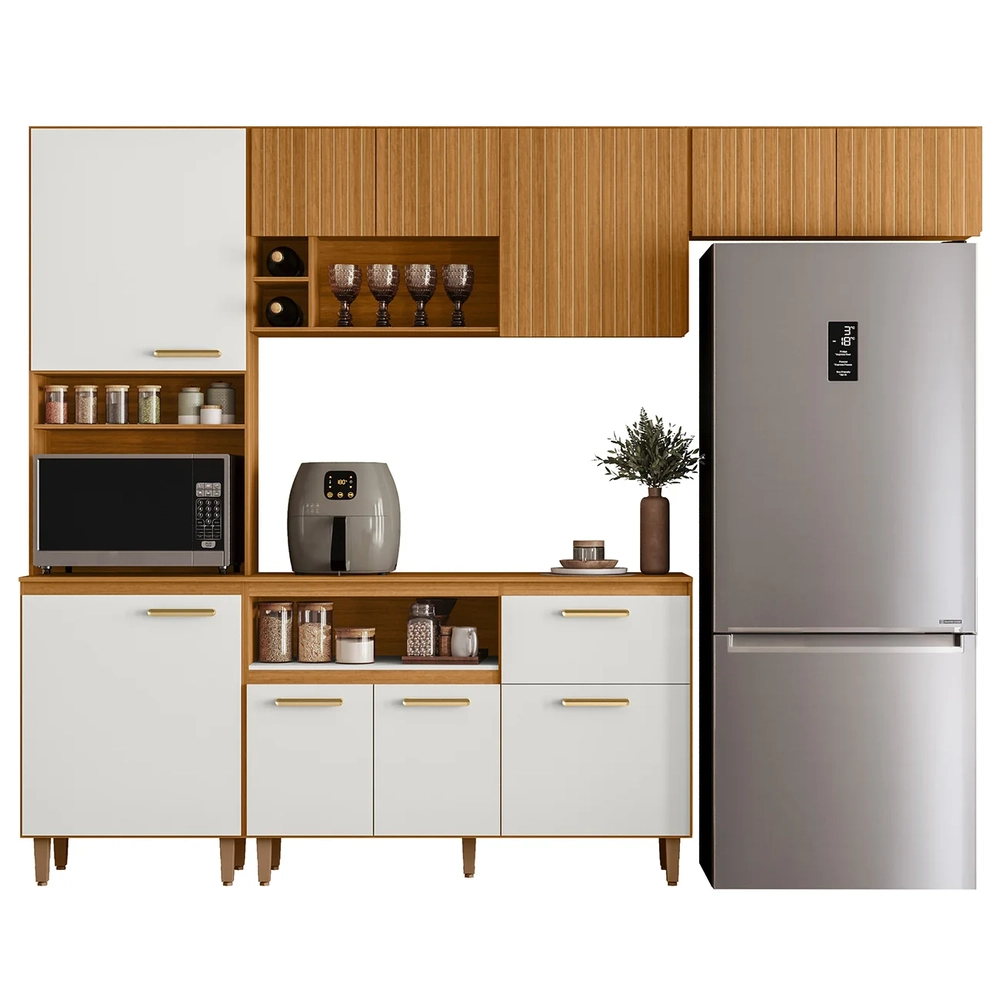 Cozinha Compacta Ema Freijó UV/Off Acetinado/Ripado Frisado Z44 - Mpozenato