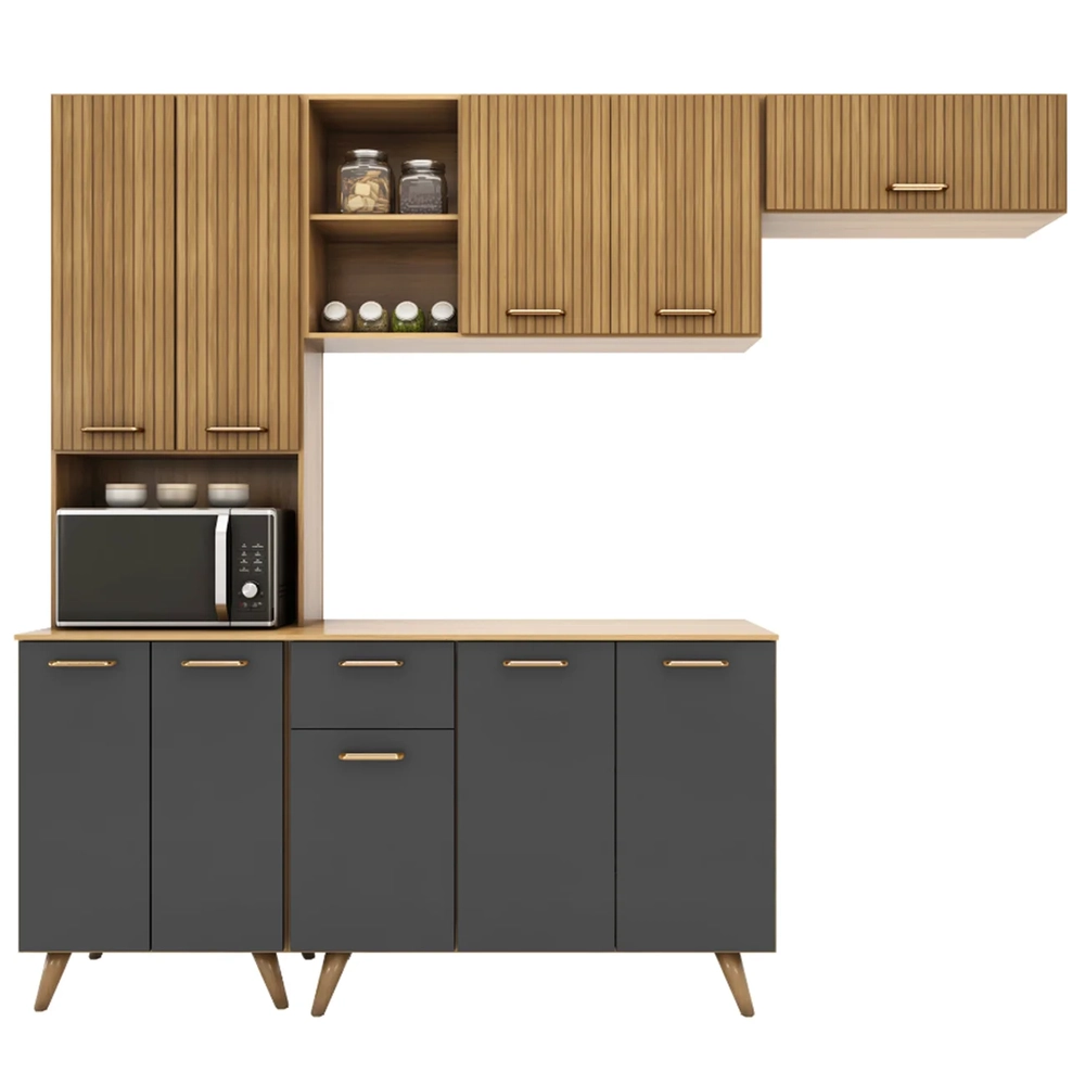 Cozinha Compacta Amélia Freijó UV/Ripado/Grafite Acetinado Z44 - Mpozenato