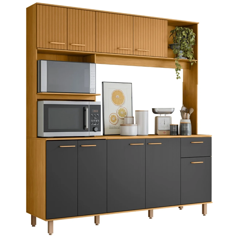 Cozinha Compacta Com Tampo Luiza Freijó/Ripado/Grafite Acetinado Z44 - Mpozenato