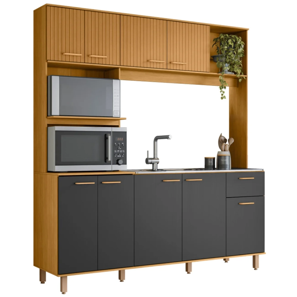 Cozinha Compacta e Pia 120cm Luiza Freijó/Ripado/Grafite Acetinado Z44 - Mpozenato