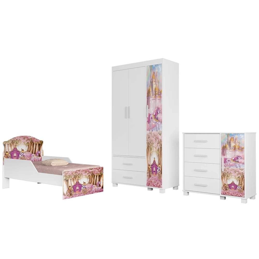 Quarto Infantil 3 Peças Com Mini Cama Carruagem Rosa Z53    - Mpozenato
