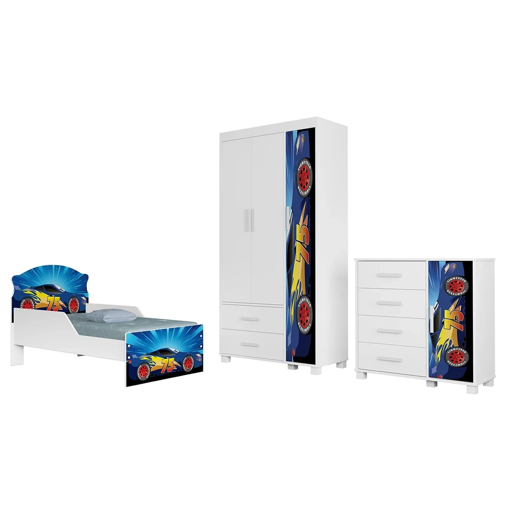 Quarto Infantil 3 Peças Com Mini Cama Carro Azul Z53        - Mpozenato