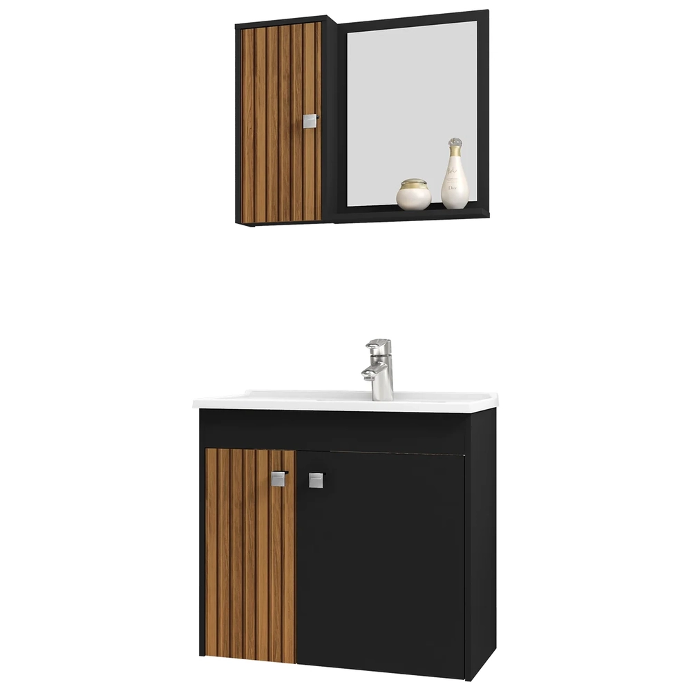 Gabinete Banheiro Com Cuba e Espelheira Munique Preto       - Bechara