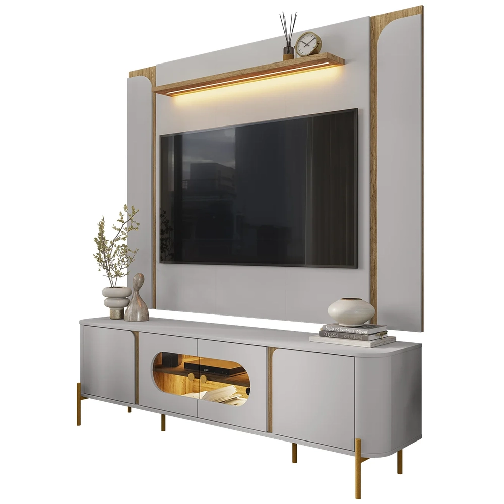 Painel TV 75 Pol Marina e Rack Com LED 180cm Ricky Off/Cinamomo B02 - Mpozenato