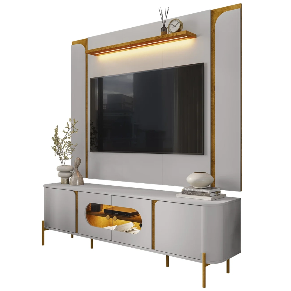 Painel TV 75 Pol Marina e Rack Com LED 180cm Ricky Off/Naturalle B02 - Mpozenato