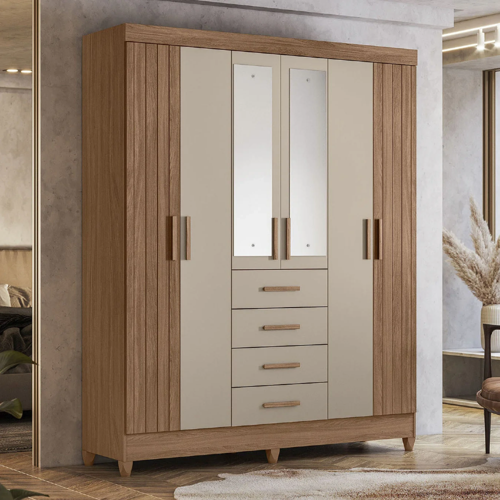 Guarda Roupa Casal 165cm Com Espelho Khani Carvalho/Fendi Z17 - Mpozenato