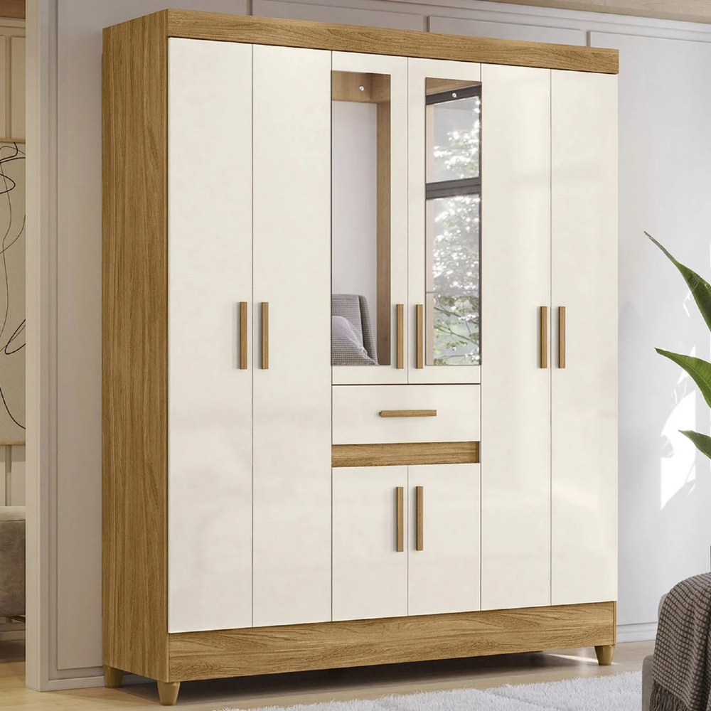 Guarda Roupa Casal 165cm Com Espelho Parla Freijó/Off Z17    - Mpozenato