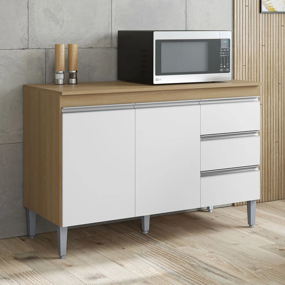 Balcão de Cozinha com Tampo 120cm Andréia Amêndoa/Branco    - AJL Móveis