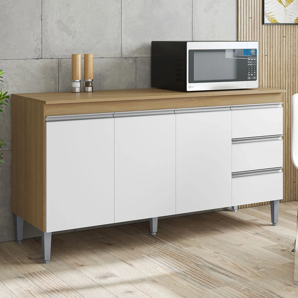 Balcão de Cozinha com Tampo 160cm Andréia Amêndoa/Branco    - AJL Móveis