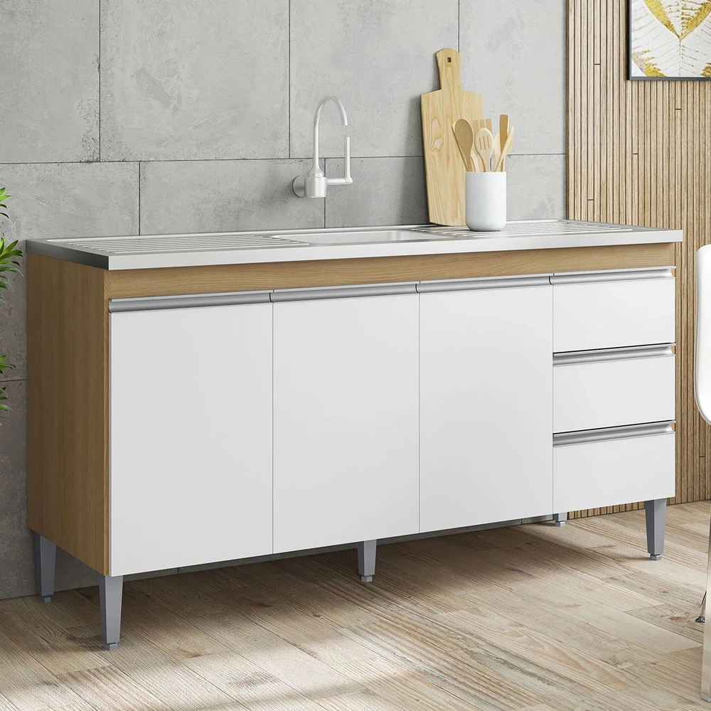 Balcão de Cozinha com Pia Inox 160cm Andréia Amêndoa/Branco - AJL Móveis