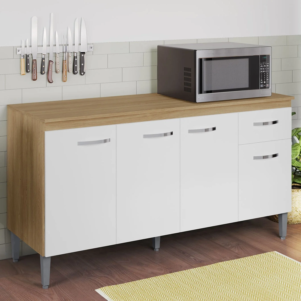 Balcão de Cozinha com Tampo 150cm Gabriela Amêndoa/Branco   - AJL Móveis