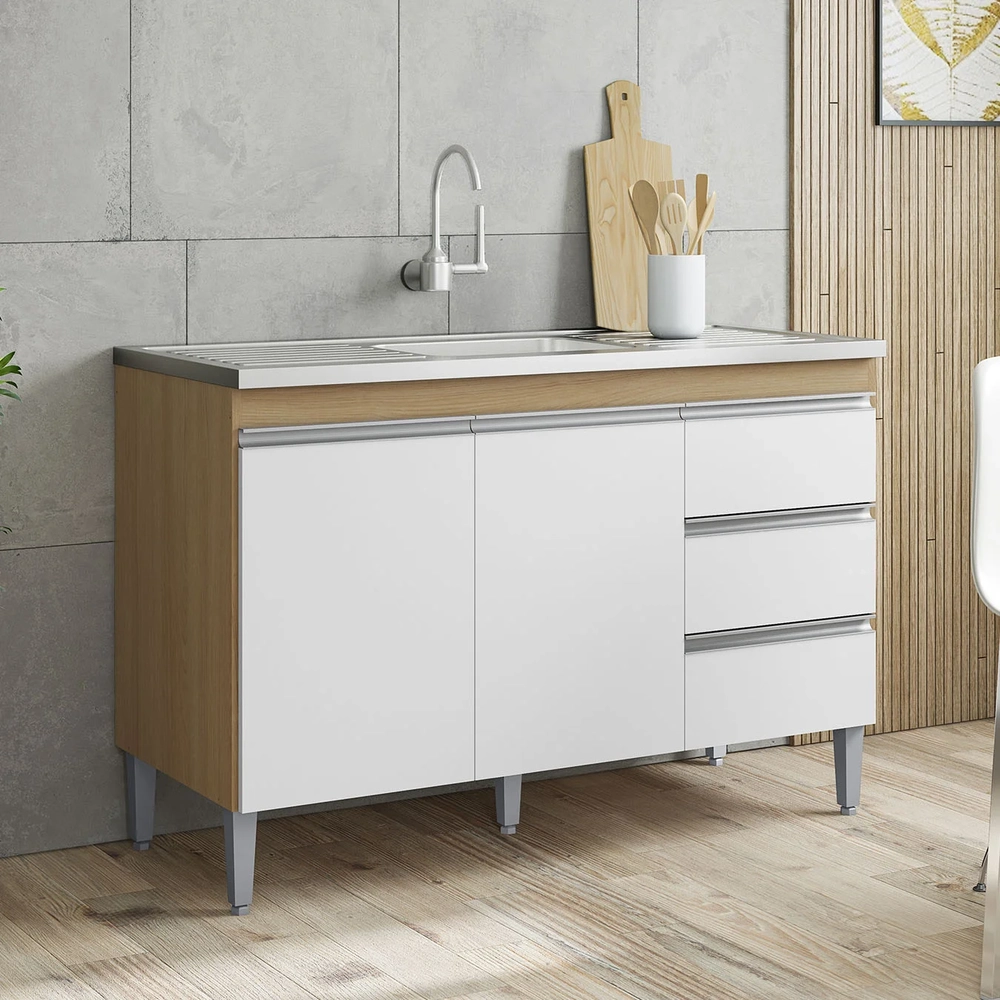 Balcão de Cozinha com Pia Inox 120cm Andréia Amêndoa/Branco - AJL Móveis