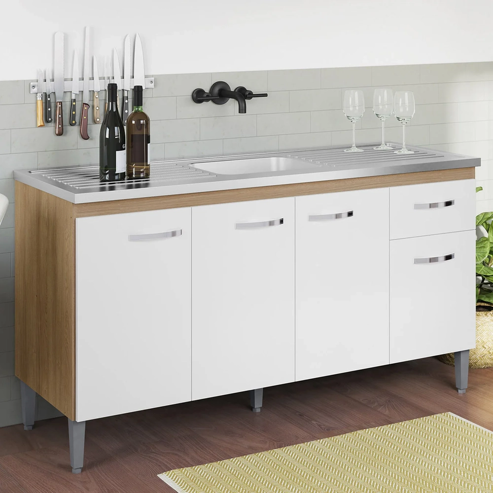 Balcão de Cozinha com Pia Inox 150cm Gabriela Amêndoa/Branco - AJL Móveis