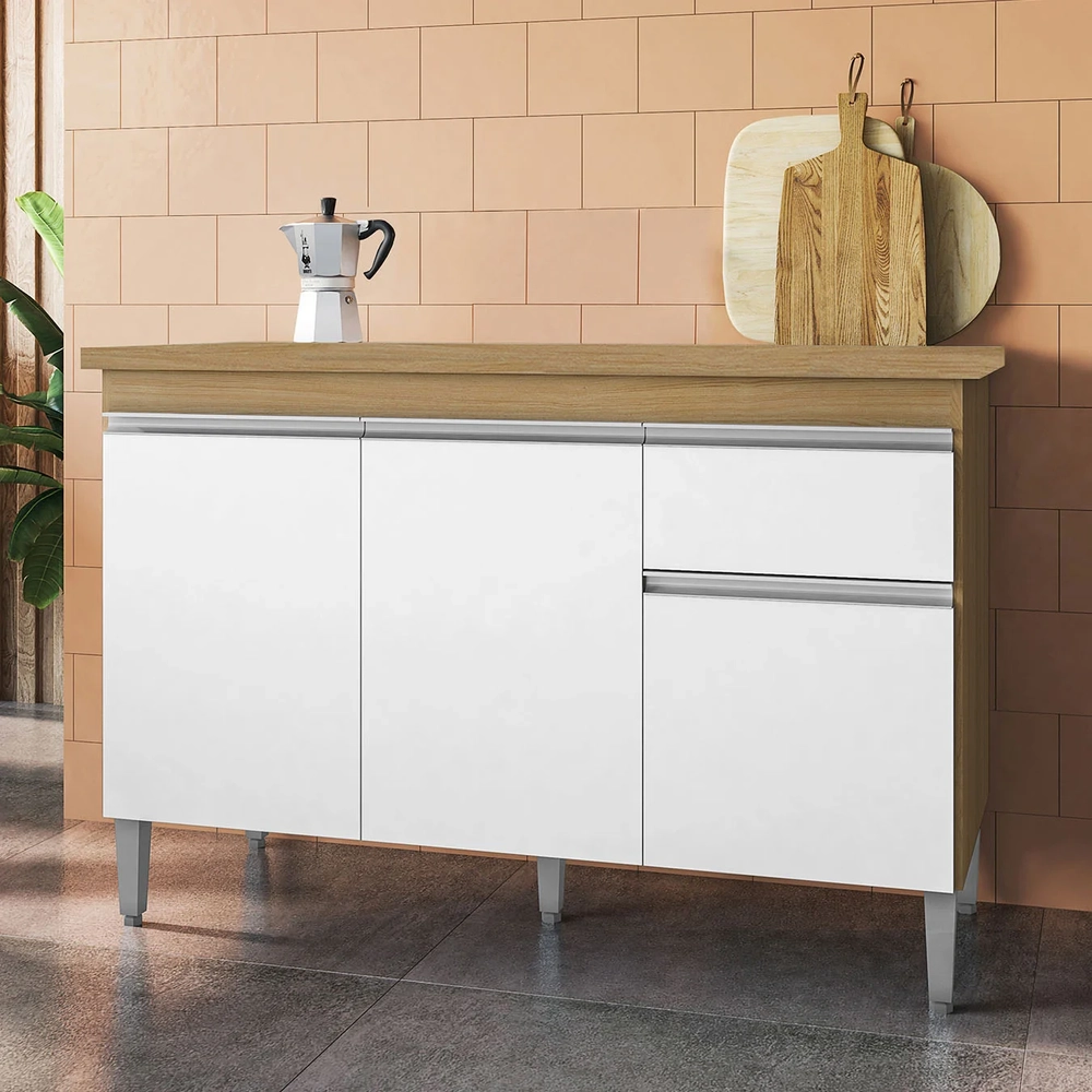 Balcão de Cozinha com Tampo 120cm Tatiane Amêndoa/Branco    - AJL Móveis