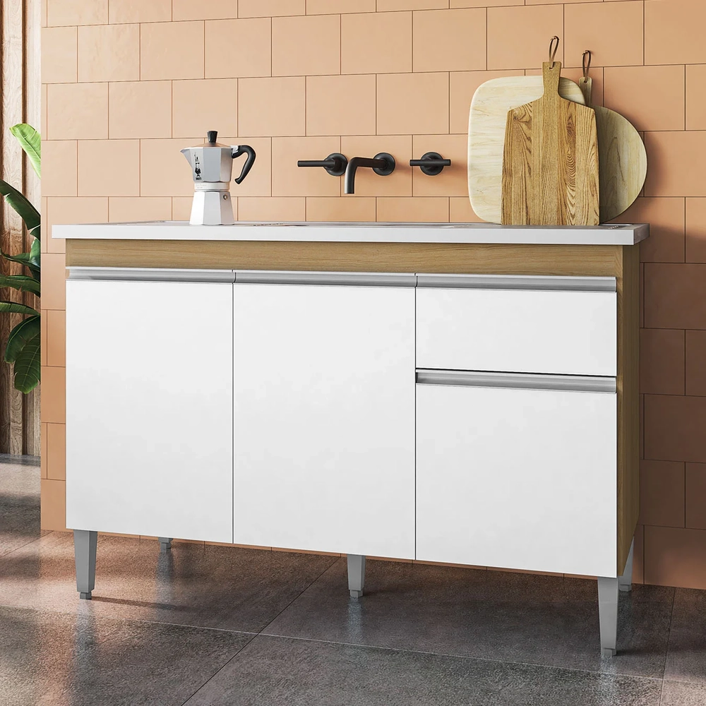 Balcão de Cozinha com Pia Inox 120cm Tatiane Amêndoa/Branco - AJL Móveis