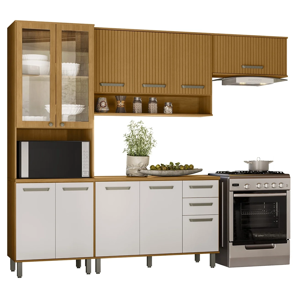 Armário Cozinha CP01 e Tampo Rita Freijó/Ripado/Off Acetinado Z44 - Mpozenato