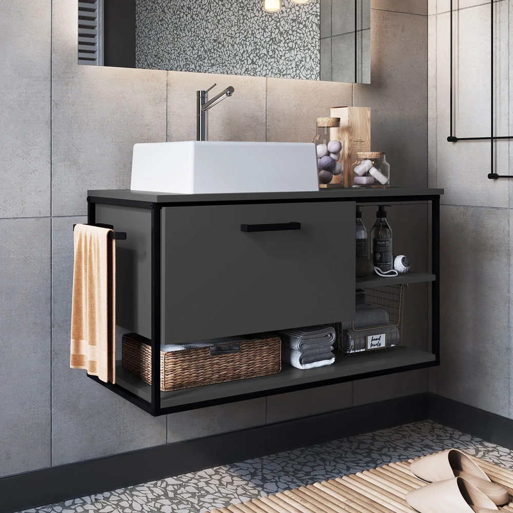 Gabinete de Banheiro Suspenso 80cm com Cuba Yuri Grafite Z54 - Mpozenato