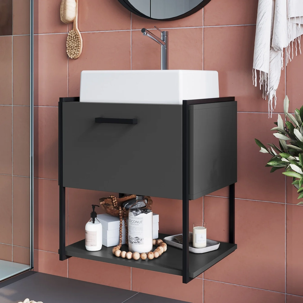 Gabinete de Banheiro Suspenso 50cm com Cuba Moly Grafite Z54 - Mpozenato