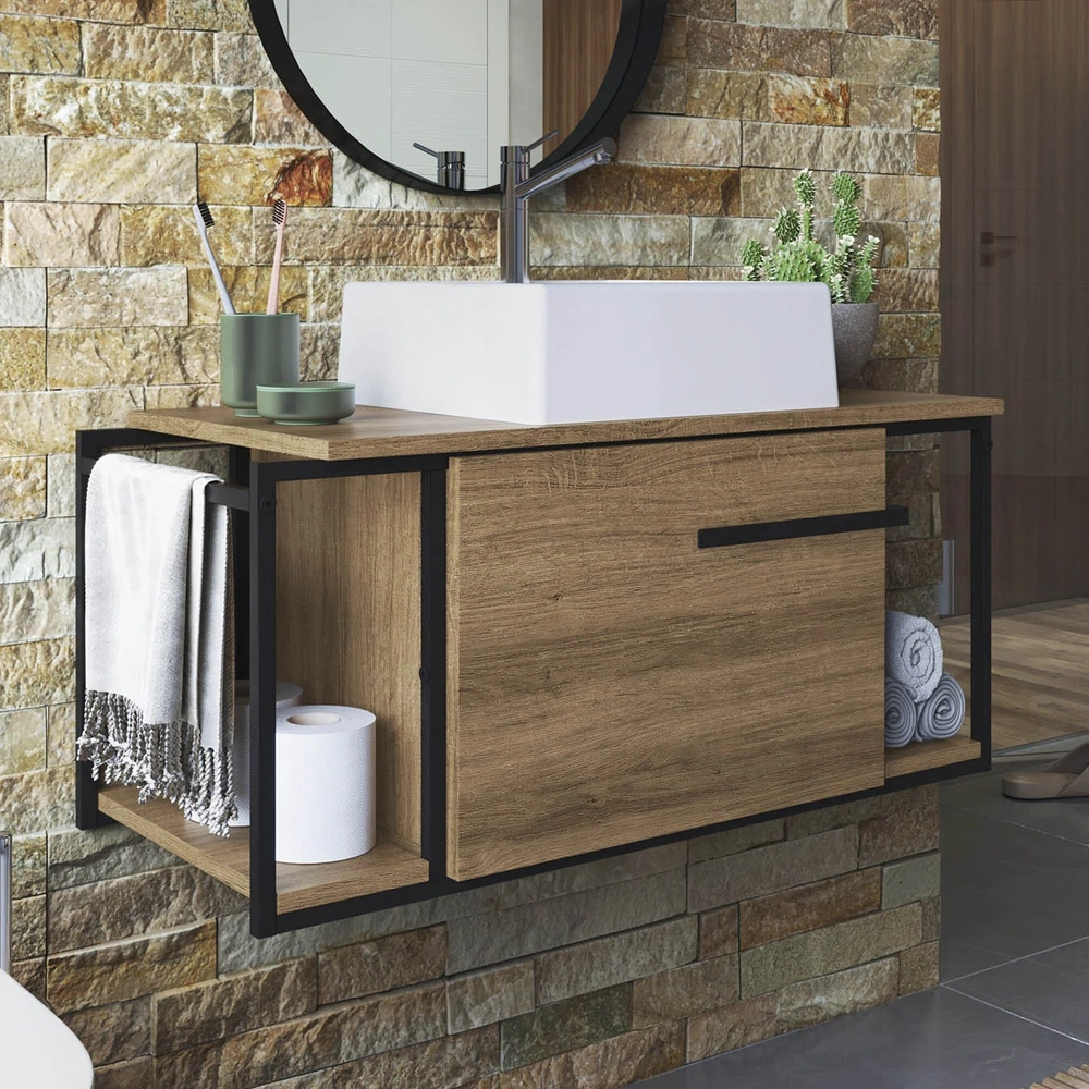 Gabinete Banheiro Suspenso 80cm Cuba Quadrada Ripy Mel/Branco Z54 - Mpozenato