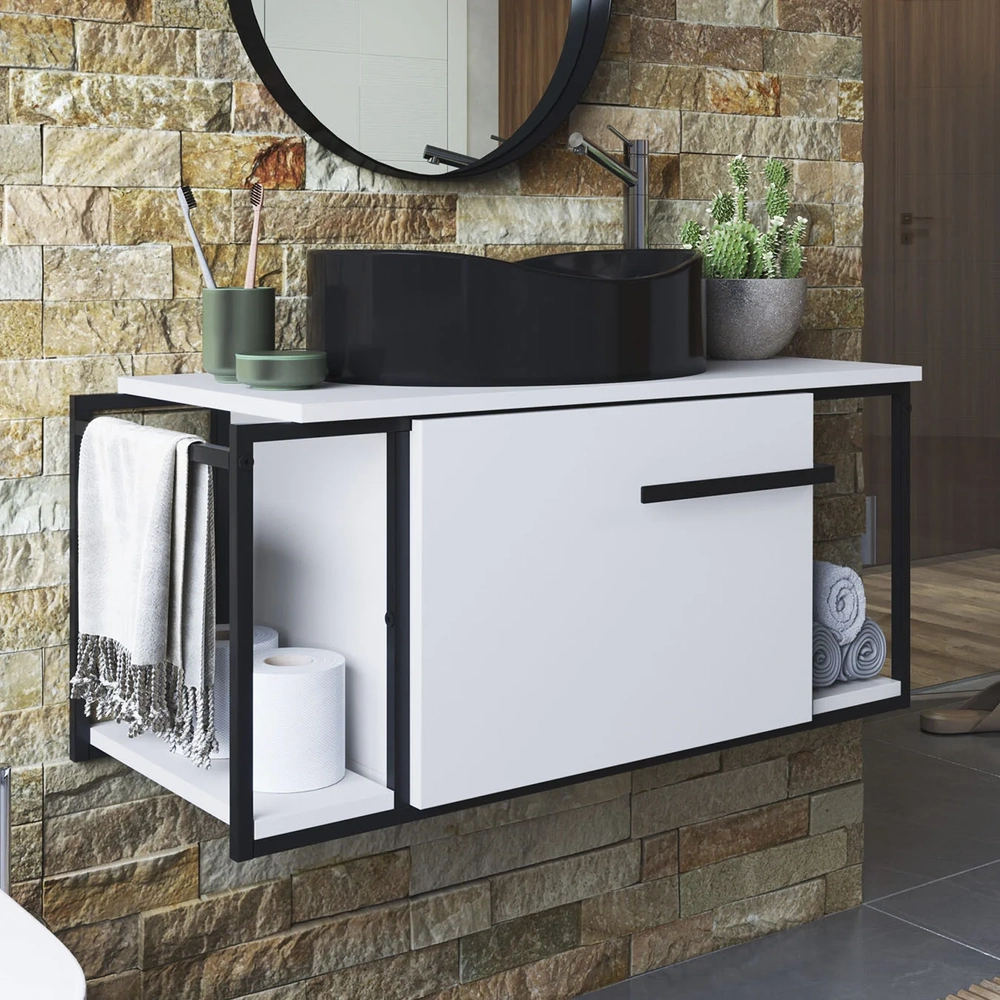 Gabinete Banheiro Suspenso 80cm Cuba Oval Ripy Branco/Preto Z54 - Mpozenato