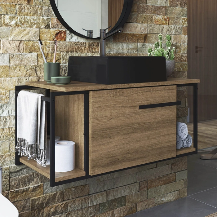 Gabinete Banheiro Suspenso 80cm Cuba Quadrada Ripy Mel/Preto Z54 - Mpozenato