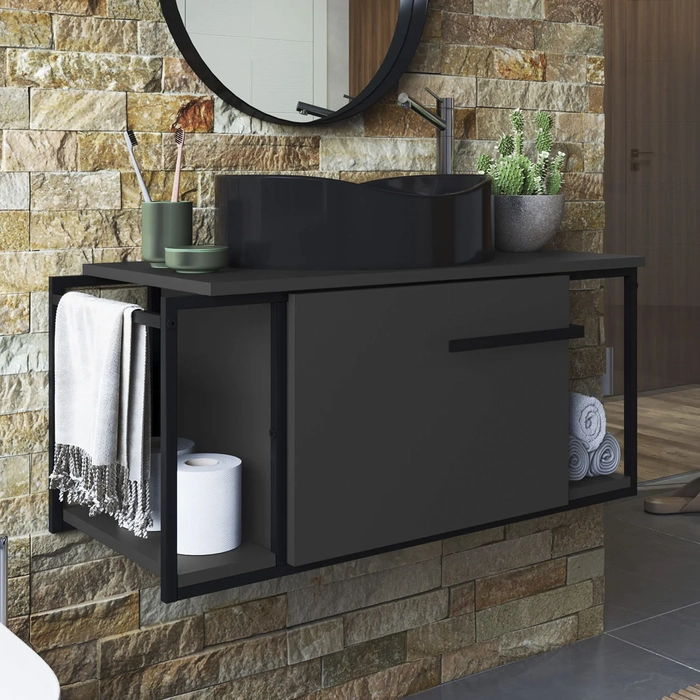 Gabinete Banheiro Suspenso 80cm Cuba Oval Ripy Grafite/Preto Z54 - Mpozenato