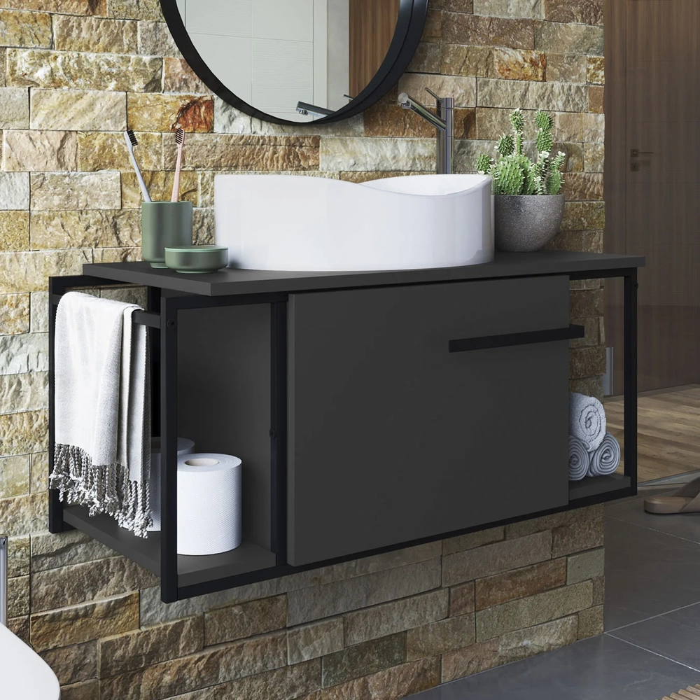 Gabinete Banheiro Suspenso 80cm Cuba Oval Ripy Grafite/Branco Z54 - Mpozenato